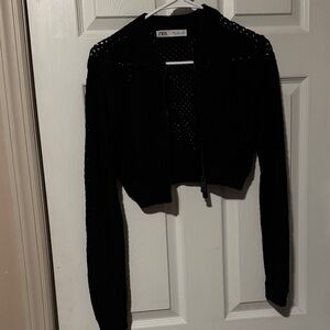 Zara Black Cropped Openwork Zip Knit Jacket